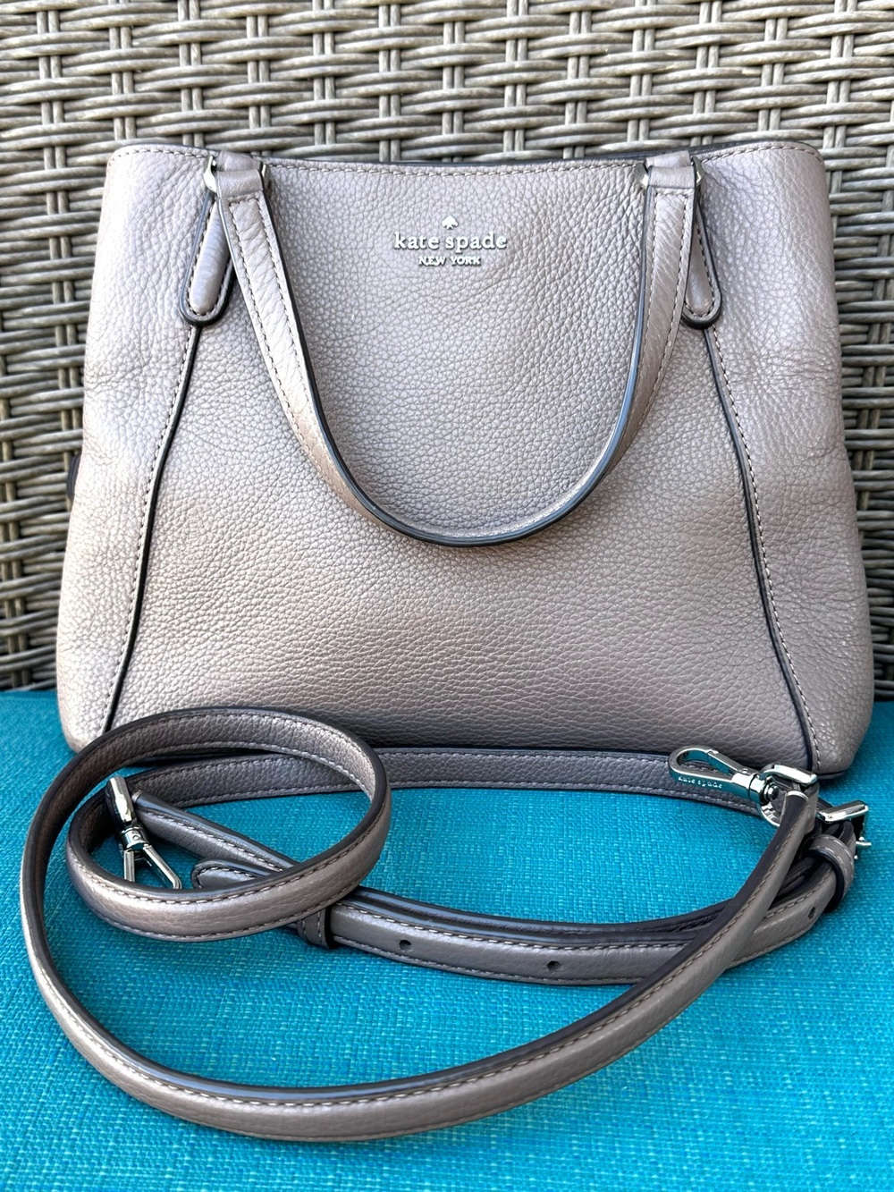 KATE SPADE Jackson Style Triple Compartment Pebbled Leather Satchel Taupe Gray